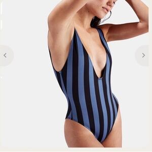 Solid and Striped Deep V One-Piece Swimsuit in Navy & Black